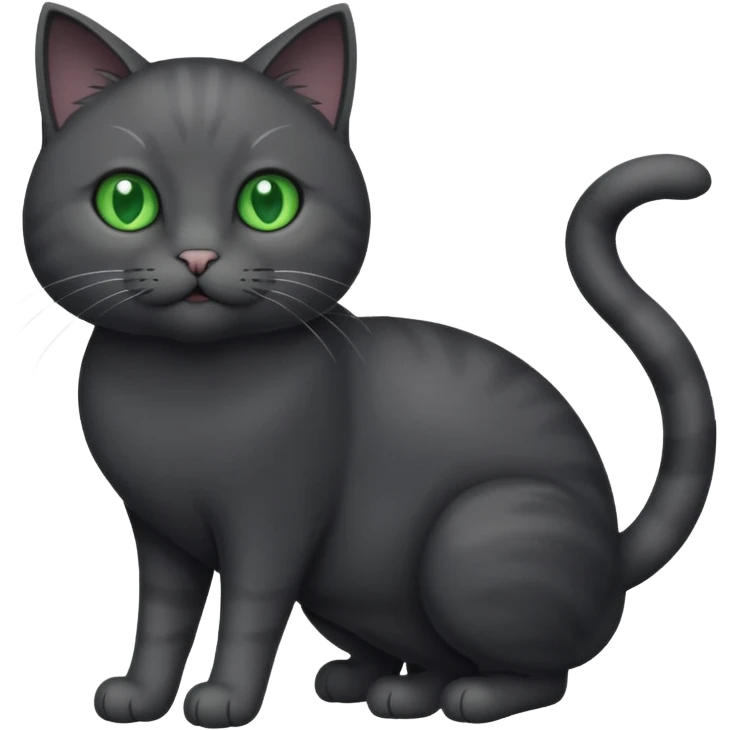 full body gorgeous solid dark grey cat with green eyes, white paws and white whiskers playing emoji