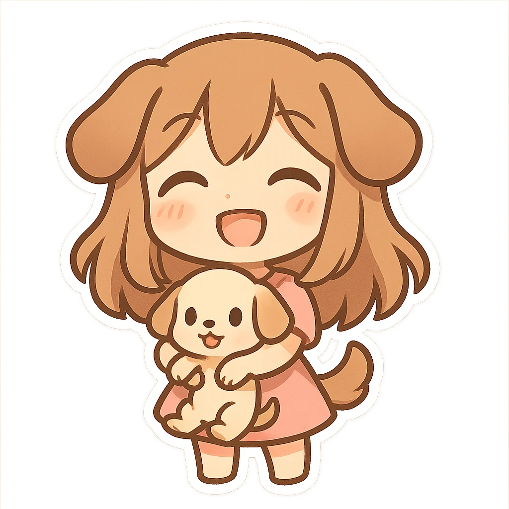chibi stickers style dog girl holding a puppy, happy and friendly emoji