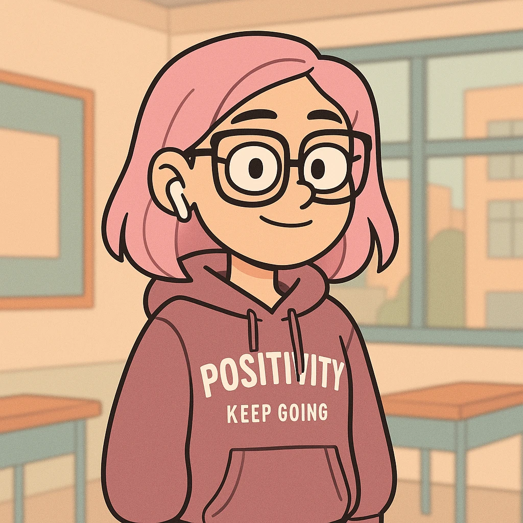 cute and modern digital avatar of a teenage girl with pastel pink dyed hair, oversized glasses, stylish hoodie with English phrases, wireless earbuds, confident and friendly expression, standing in front of a soft background with abstract classroom or city elements, clean 2D digital illustration, slightly cartoonish but polished, Instagram-style color palette emoji