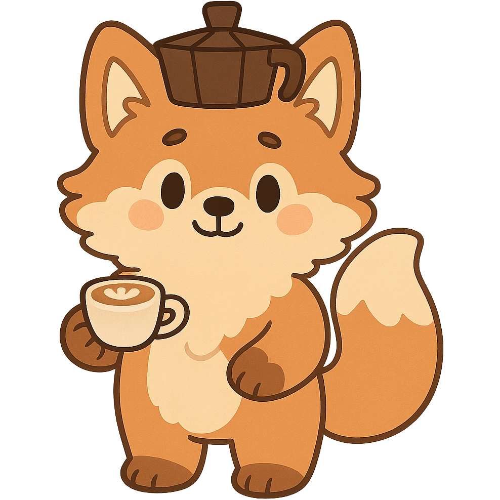 cute soft fluffy coffee maker fox, holding a tiny latte cup, brown and beige pastel, full-body emoji