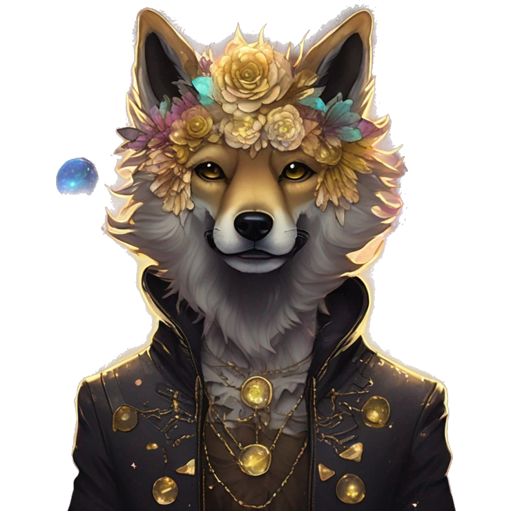 iridescent kintsugi fluffy zombie black brown gold dog fox head zombie skeleton gold mechanical nebula galaxy stars colorful flowers fairy lights vintage zombie emoji