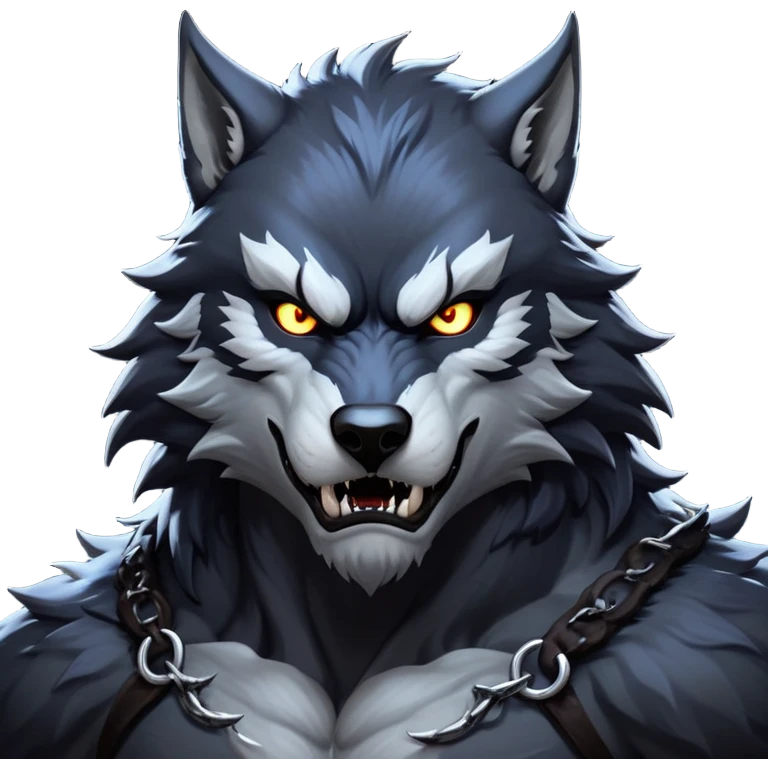 cinematic-noble-fierce-werewolf-portrait-emoji, poised-and-imposing, with a tall, slender yet muscular frame inspired by the brutal, imposing shape of the beast from Berserk, fur rippling in shades of midnight black and silver, eyes glowing with an intense, primal ferocity, reflecting the untamed power of the wild moonlit night; rendered with realism emoji