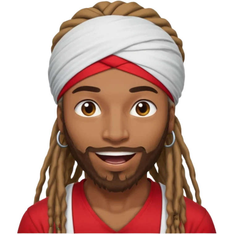 Brownskin man with long dreadlocks 
red t-shirt 
white turban 
in love eyes
his eyes mouth open  emoji