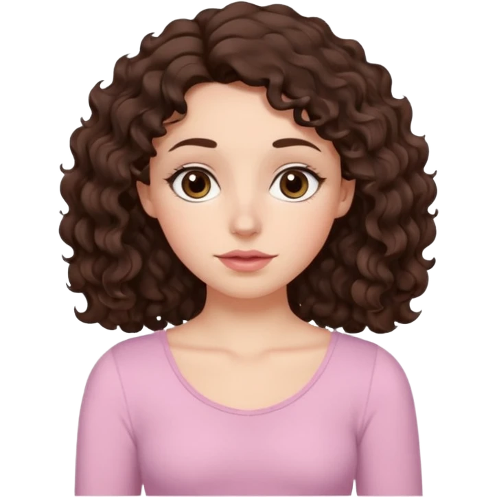 Aesthetic white girl with really long wavy/curly hair color dark brown, hair most be in front of the shoulders (hair in front of the shoulders). Big almond shape tired eyes color brown with dark circles, wide nose, natural lips, sweet expression. Dressed with a cute tight top color light pink. emoji