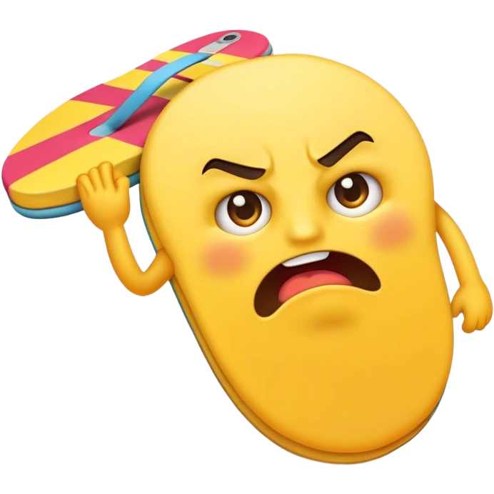 An angry yellow emoji holding a flip-flop in one hand, ready to smack, with furrowed brows and an intense glare. emoji