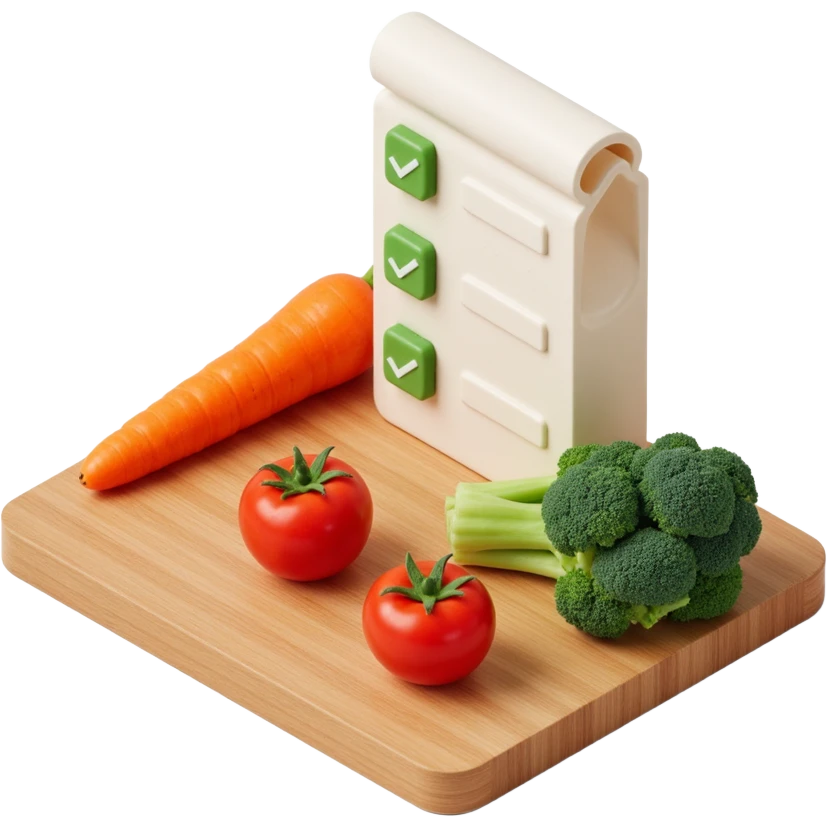 carrot tomato brocoli on the wooden cutting board with floating rolled paper list with green checkboxes emoji