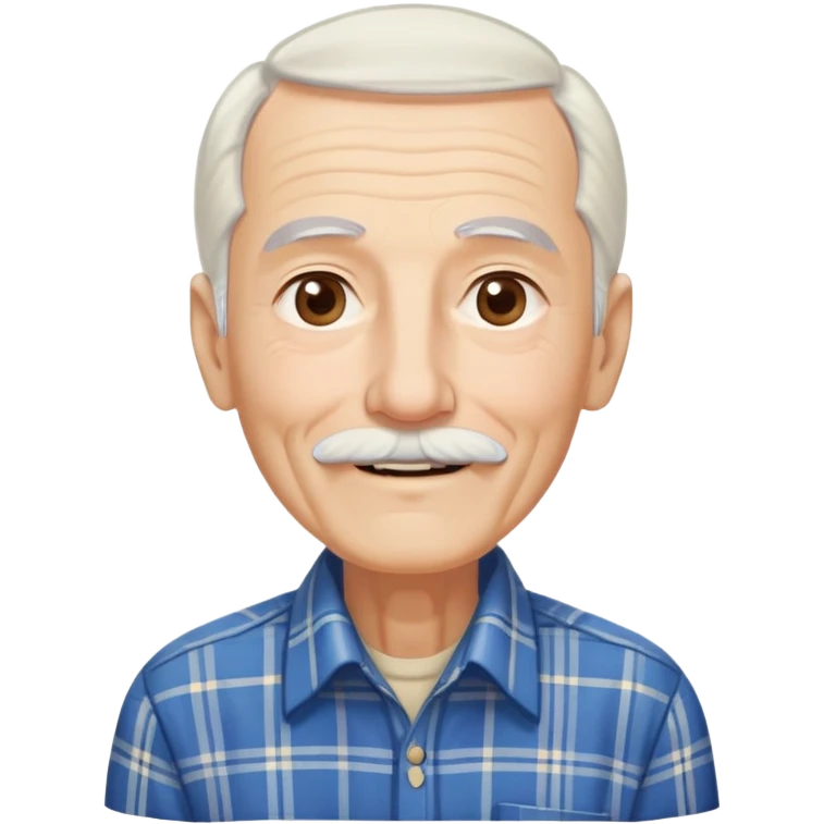 Elderly thin man with light skin. Elongated face with kind smile. Long straight white hair reaching down to chest, with some bangs. Light brown eyes. Thin eyebrows. White goatee and mustache. Very slim build. Wearing a blue and beige plaid shirt. emoji