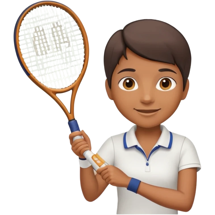 Chindian tennis coach, caramel brown skin, short straight hair, oval face, small eyes, smiling, holding a tennis racket emoji