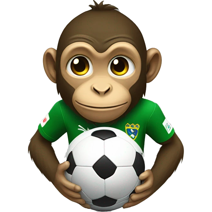 Make a monkey in Brazil national team soccer gear playing with a soccer ball and crying at the same time.  emoji