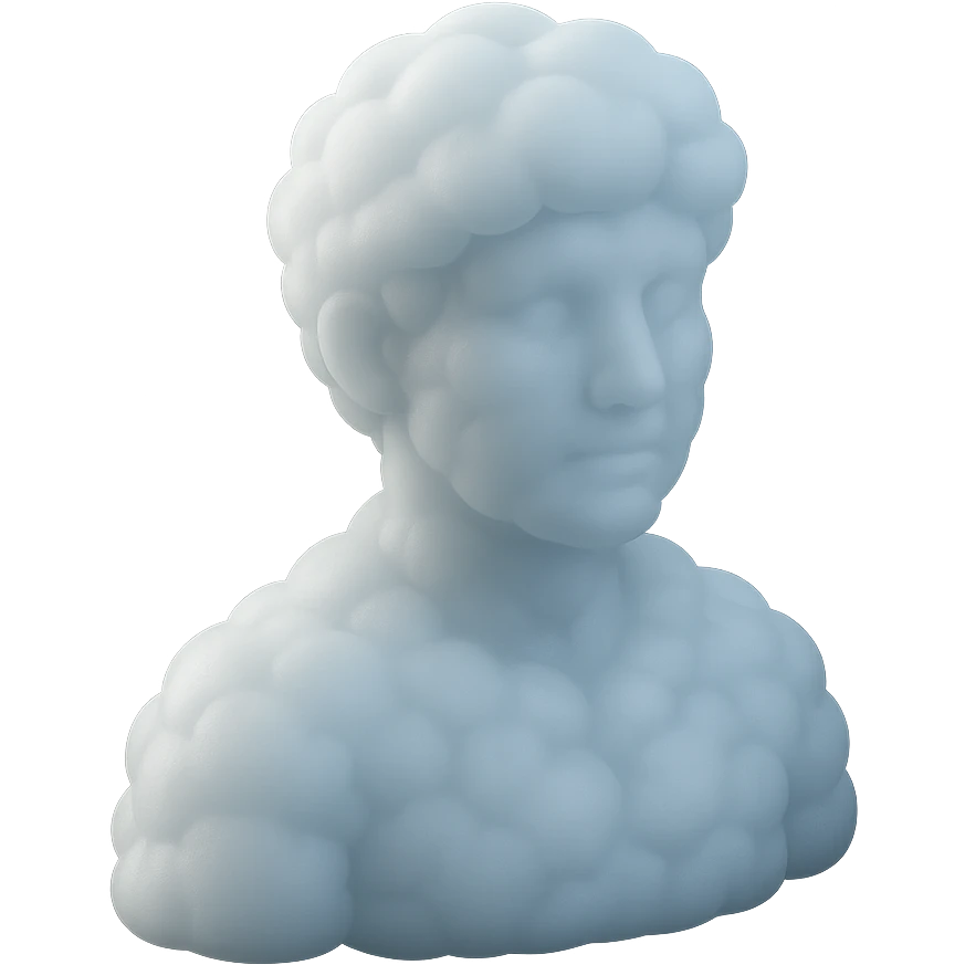 person looking straight, fully made of white fluffy convex clouds, shoulders up, no shadows, matte glass style emoji