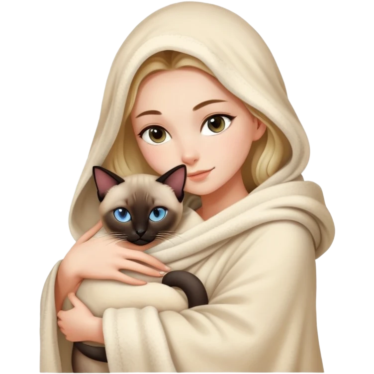 A beautiful and sexy Caucasian girl wrapped in a blanket hugging a Siamese cat emoji