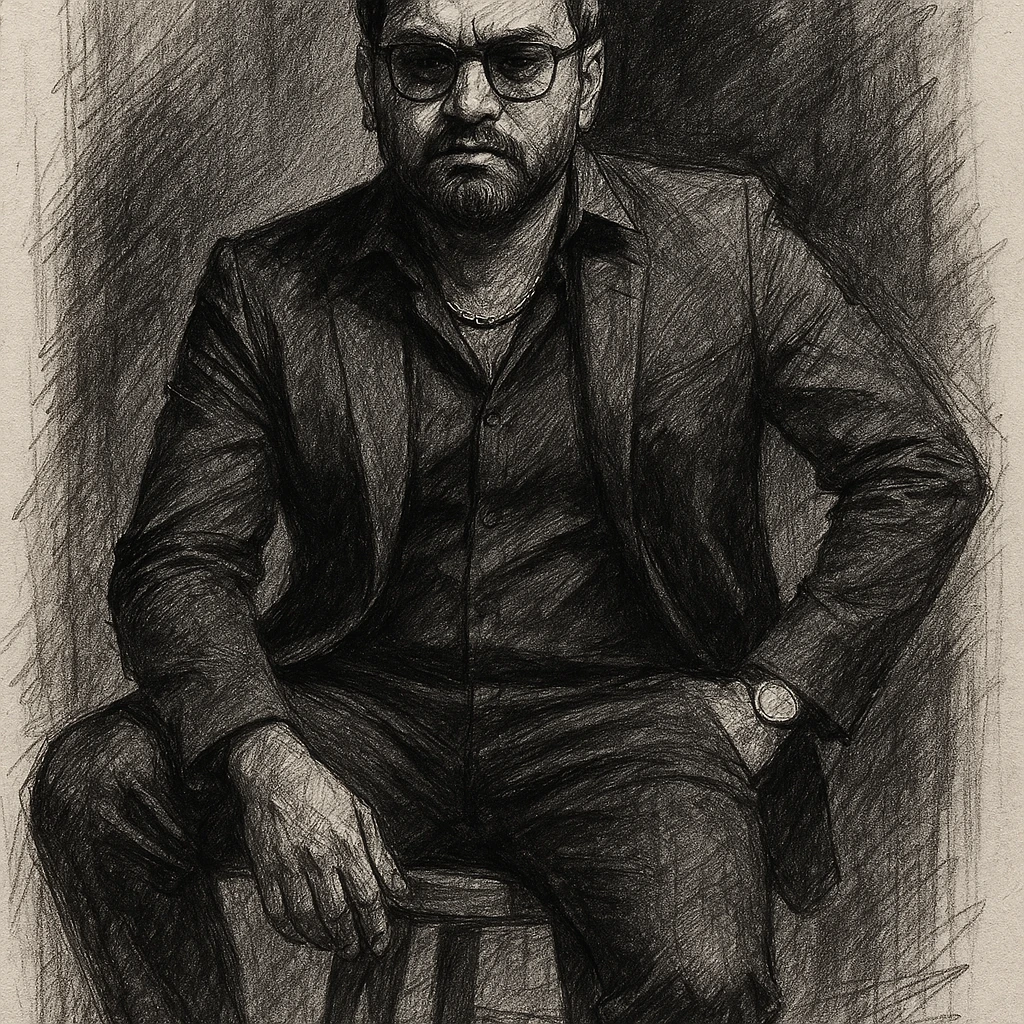 Create a dramatic black and white pencil sketch portrait of a confident looking man using the reference image for facial features. He is sitting on a wooden stool against a dark studio background, wearing a well-fitted, all-black suit with a black shirt and black pants, a golden chain at the neck, and a small silver watch. The shirt is slightly unbuttoned at the top. His posture is relaxed yet dominant, with one arm resting on his leg and the other in his pant pocket. The lighting is soft but directional, exuding a moody and powerful aura. emoji