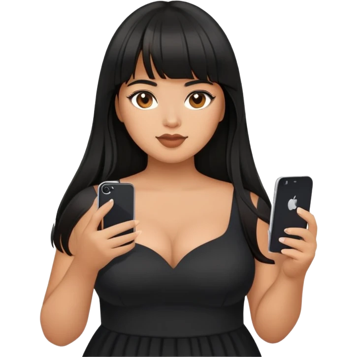 Latina girl with bangs black long hair plus size black dress with iPhone emoji