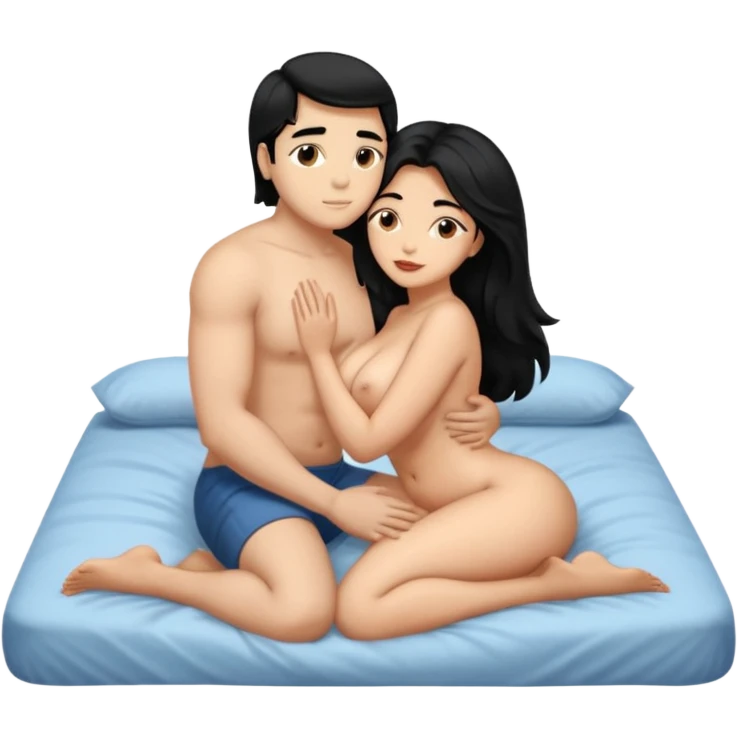 Девушка и мужчина голые лежат на кравати в обнимку, она большие сиски, большая жопа, черные волосы. Он средного телосложения, короткие волосы. Они голые целуется. Видны все тело emoji