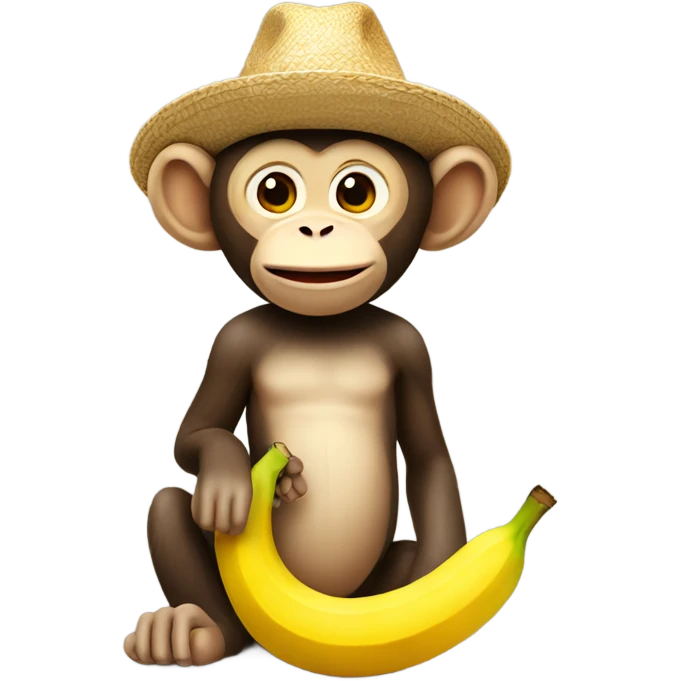 Monkey wearing a straw hat, holding a banana emoji
