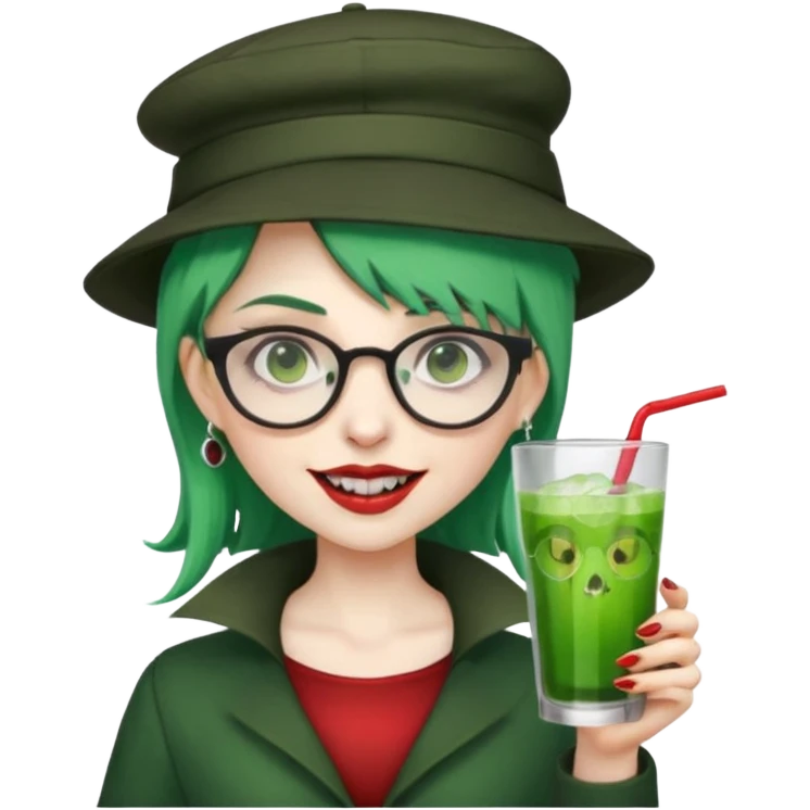 vampire green hair Drink holders with hat, wearing glasses, female,,teeth looks like vampire emoji