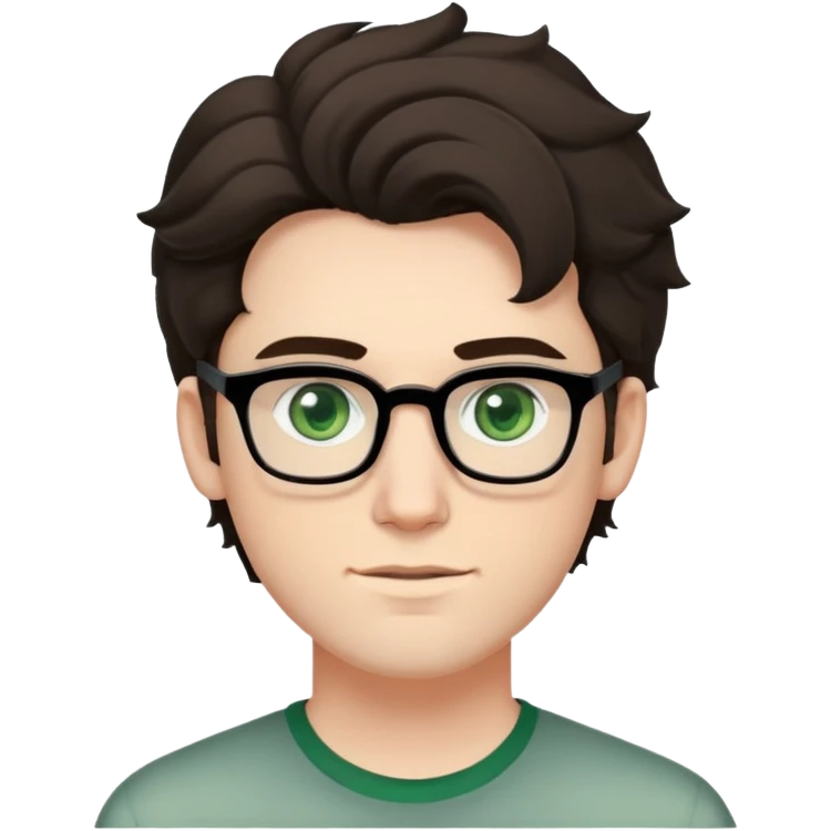 young man with pale skin, larger face, dark tall voluminous slightly wavy hair styled up high on head but not curly, wearing glasses with green eyes and very light stubble, with a slight smile emoji