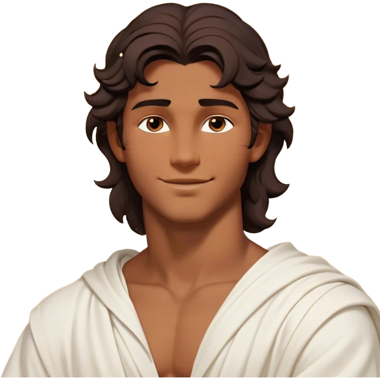 Cinematic Realistic Hercules Portrait, head tilted playfully and inquisitively, showcasing a charming blend of Disney heroic charisma and the refined grace of Michelangelo's David. His sun-kissed bronze skin and thick, wavy dark hair are rendered with classical precision, complementing a warm, inviting smile and sparkling, mischievous eyes. Clad in a softly draped white robe with subtle golden details, he exudes approachable strength under gentle, natural lighting. emoji