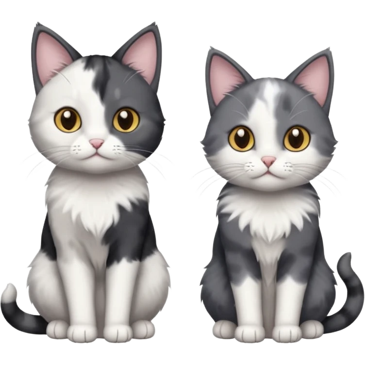 3 different coloured small cats including a dark grey and white, and a patchy calico and a completely solid dark grey with only white paws emoji