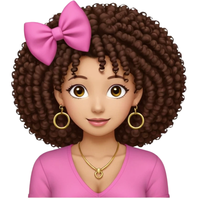 Naturally tan skin girl short darkBrown curly afropink shirt very long lashes hoop gold earrings Brown eyes gyaru smiling closed mouth cute bow hairclip small on the side. V neck pink shirt. Teenager bow on shirt, cleavage emoji