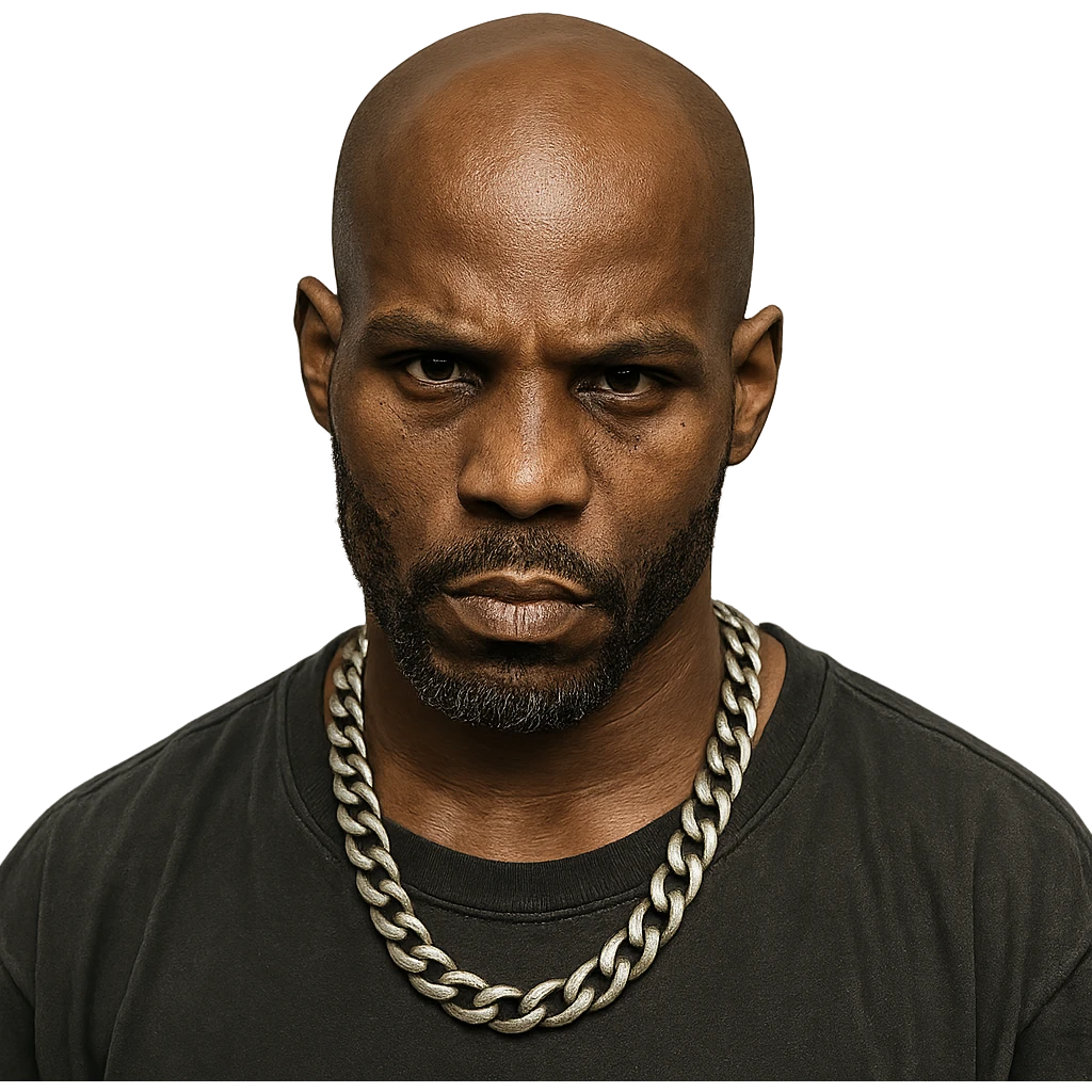 rapper DMX, bald, intense expression, chain necklace, goatee, hip hop style emoji