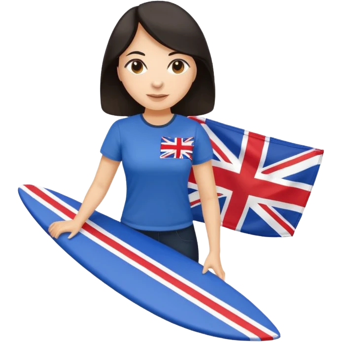 Woman teacher with dark hair in T-shirt with the UK flag surfing  emoji