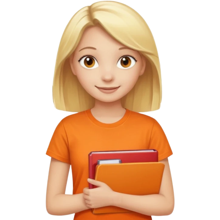 blonde girl in an orange t-shirt holding folders, smiling emoji