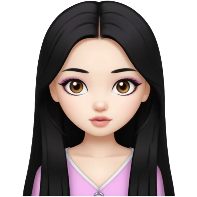 pale skin, girly bratz ASIAN baddie, beautiful dark brown eyes, pretty makeup, long dark black straight hair emoji
