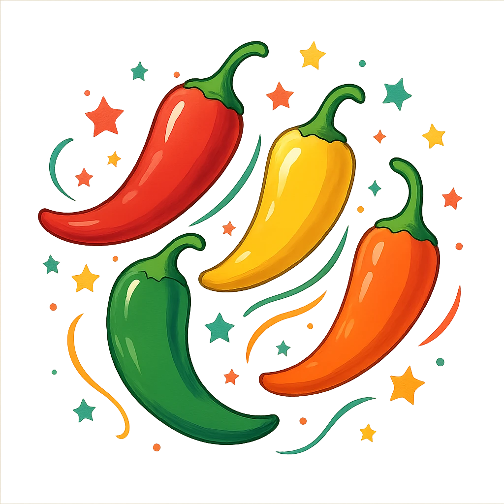 group of multicolored chili peppers with small stars flying around them, festive style emoji