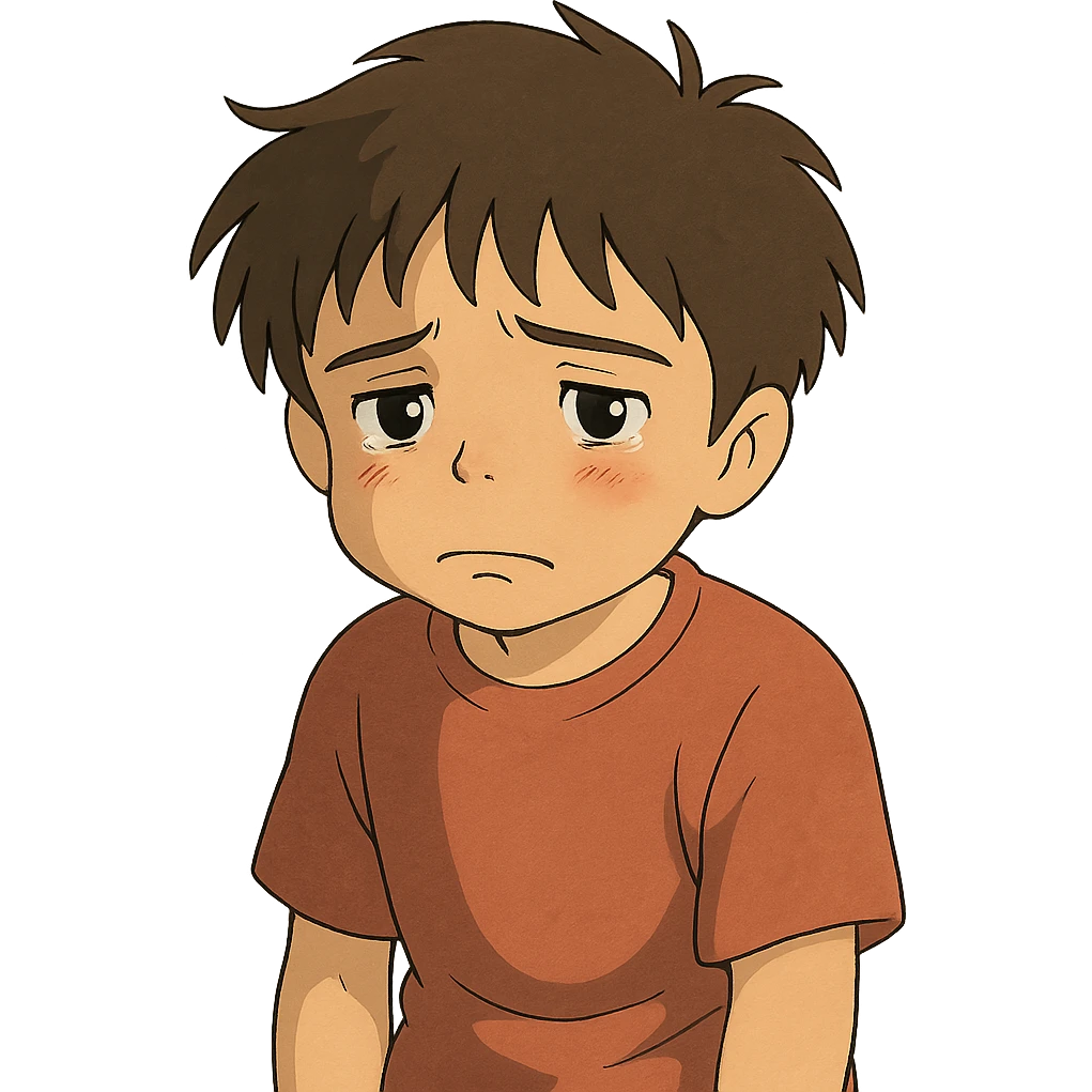 ghibli style niño triste, animación japonesa emoji