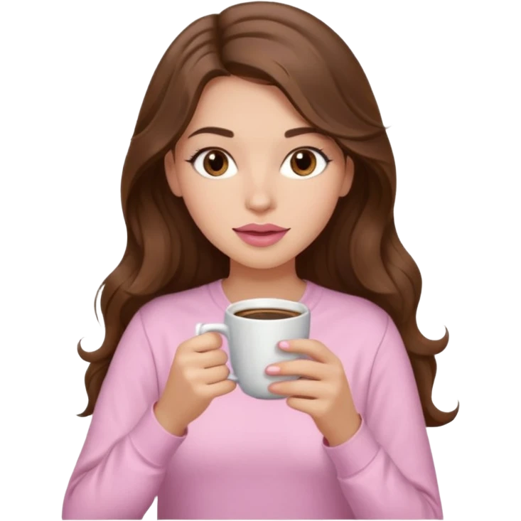 girl with wavy long brown hair, brown eyes, light to medium complexion, long lashes, light pink lipstick, wearing light pink shirt, sipping coffee emoji