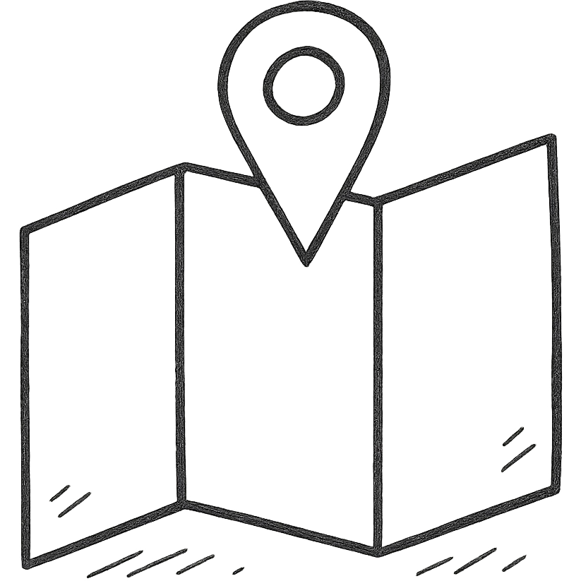 hand drawn outlined map with a pin icon emoji