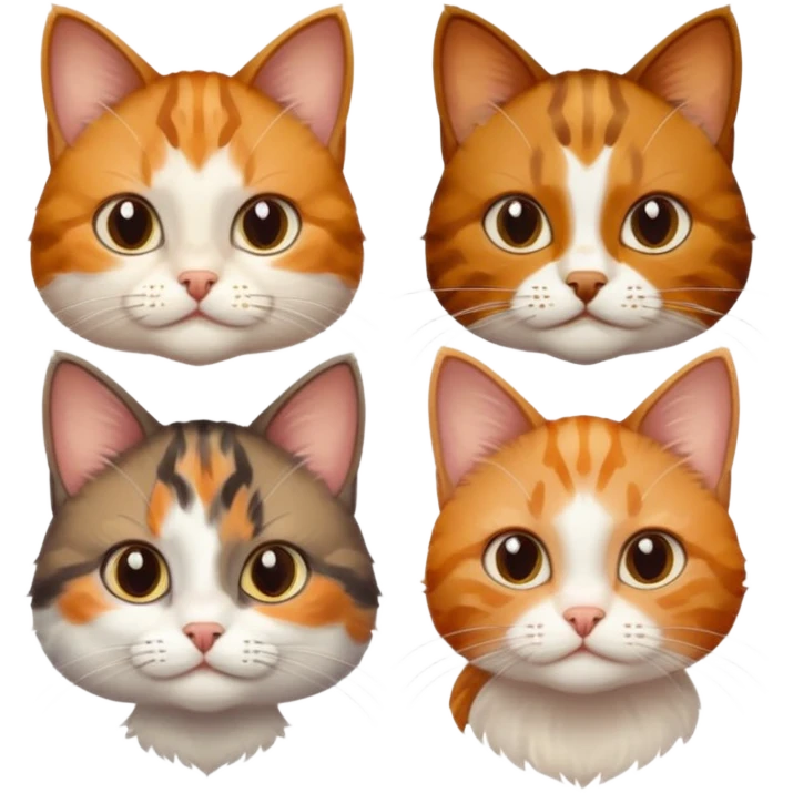 3 small cats different colours including brown tabby and white, patchy calico, and ginger and white emoji