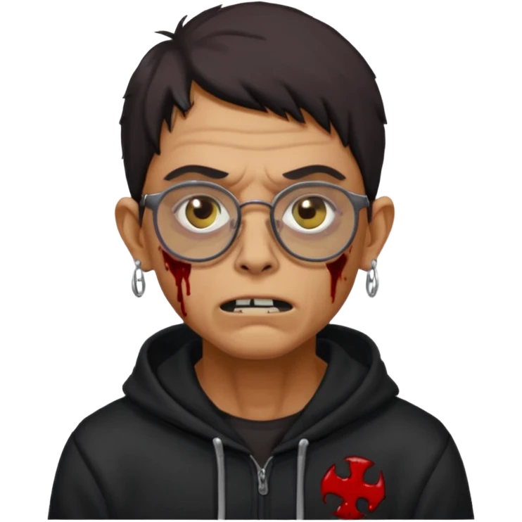 Chico moreno zombie, con gafas y sudadera negra, dos aretes en la oreja izquierda y dos en la derecha, ojeras en los ojos y emoji