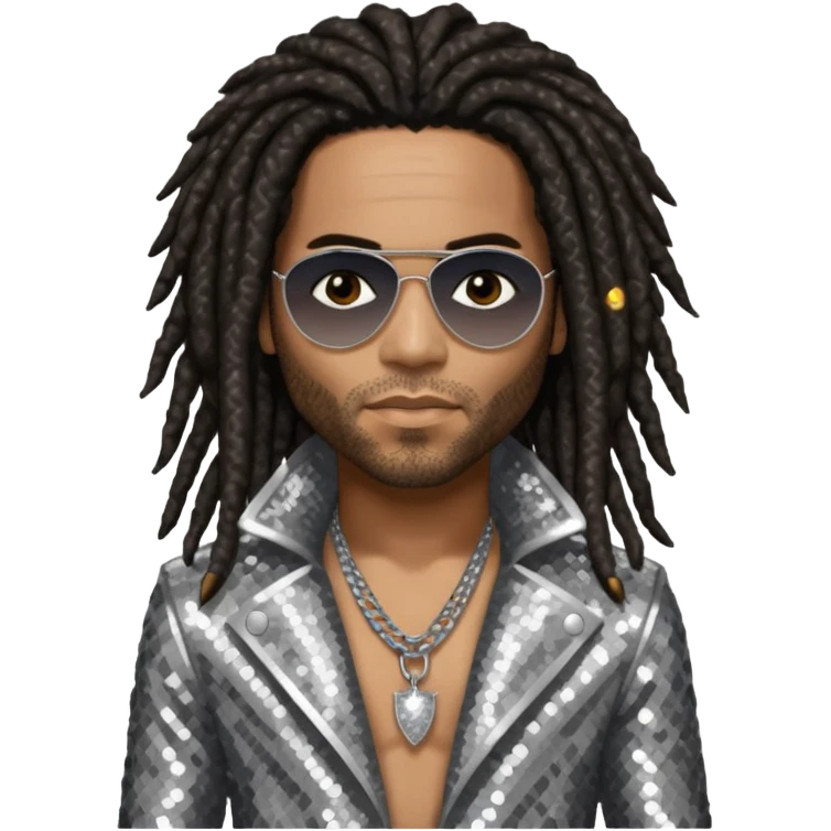 Lenny Kravitz with long dark brown dreadlocks, silver sequin outfit emoji