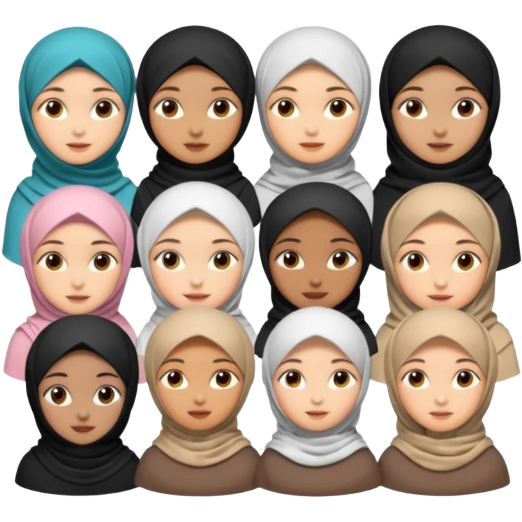 make 12 girls with different race, persona, occupation/hobby, and give some with hijab emoji