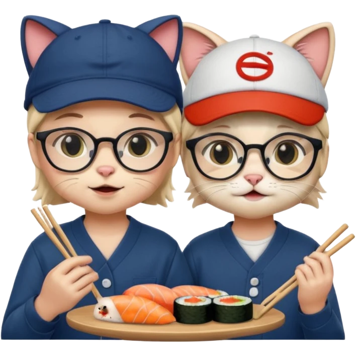 cute girl cat with glasses and a cute boy cat with a baseball cap eating sushi together emoji