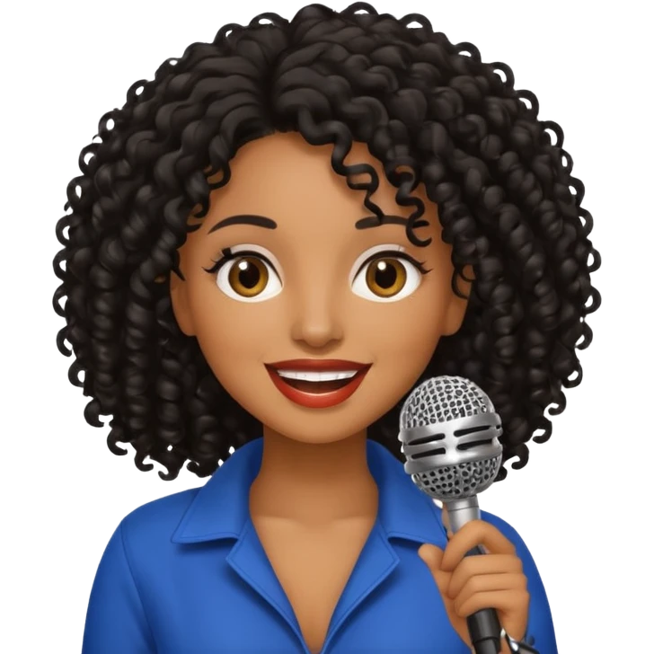 brown skin woman, curly black hair, singer, hold micro emoji