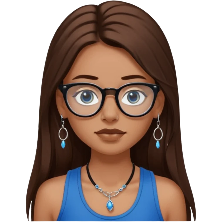White girl with long brown hair, part going more to the RIGHT side, BLUE eyes, wearing BLACK plastic frame glasses. SEPTUM nose piercing hoop (at bottom of nose) AND stud nose piercing on right side of nose. Wearing BLACK tank top. No other jewelry emoji