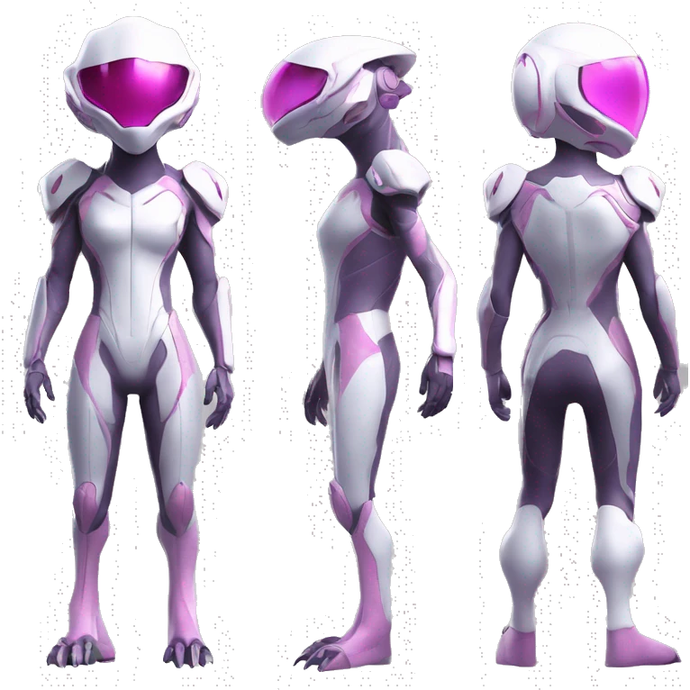 White Lizard-Reptile-Raptor-Alien-Genesect-Mewtwo-Fakémon, with pink eyes, with a futuristic visor-helmet, wearing a techwear-suit, Full Body emoji