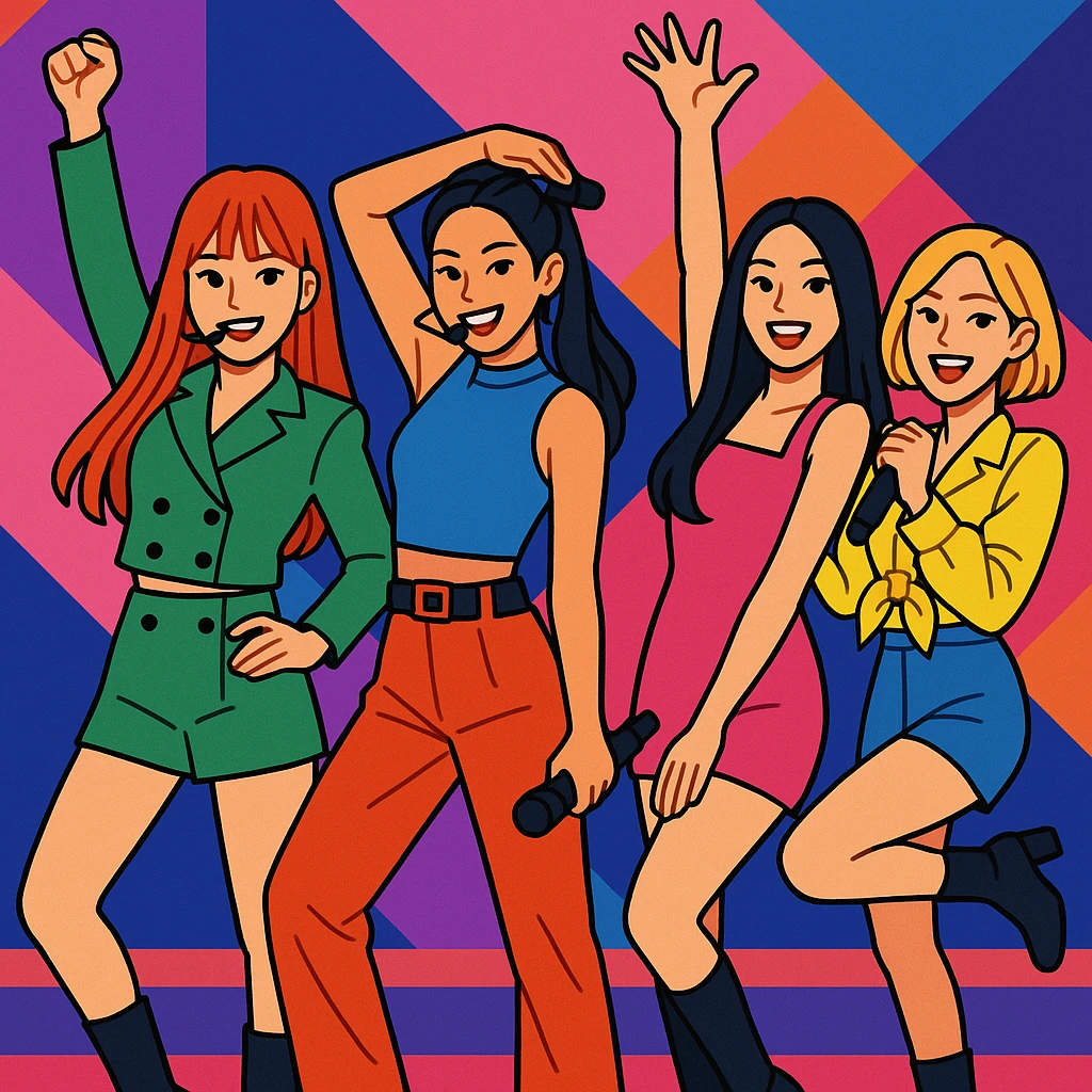 a kpop group, vibrant stage outfits, energetic pose, modern style emoji
