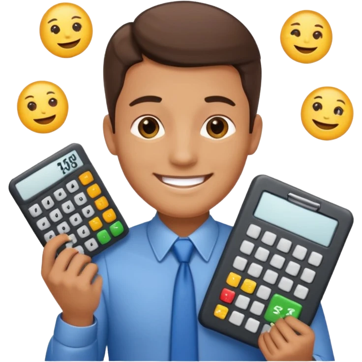 male aUDITOR smiling with spreadsheet and a calculator, emoji, ADD A puzzle and a Balance for accounting emoji