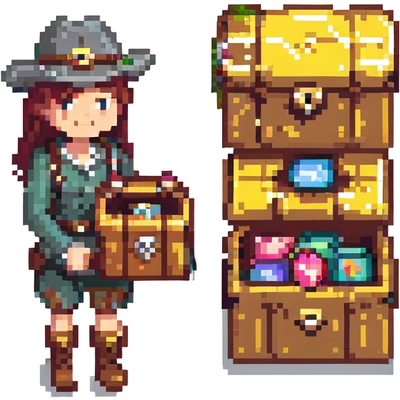 explorer with a map, standing next to a treasure chest emoji