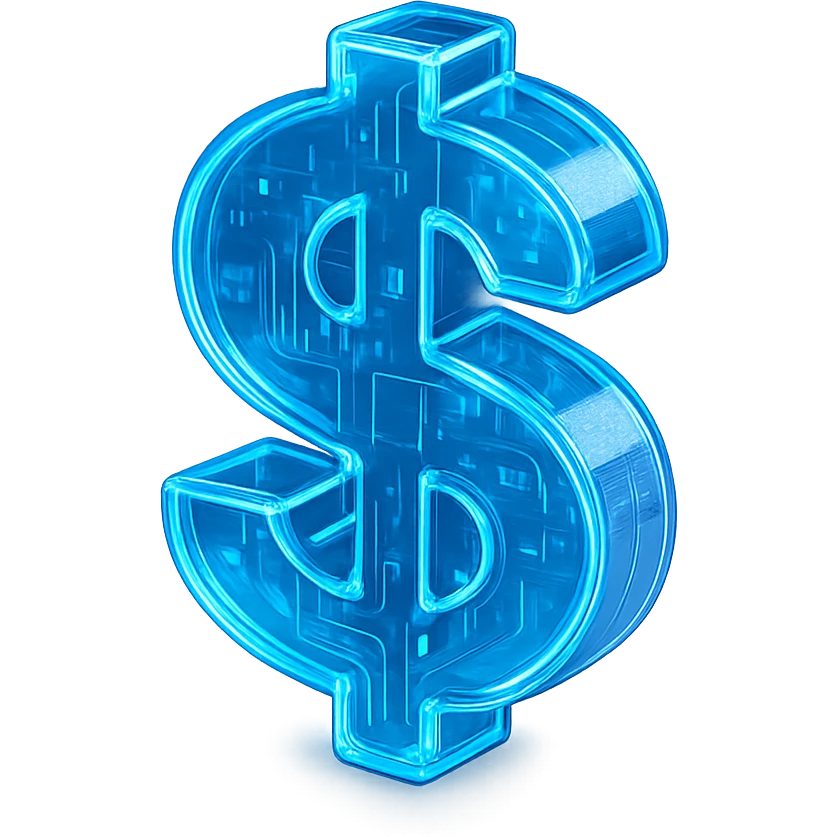 futuristic money symbol, glossy circuit style, luminous blue highlights, transparent background emoji