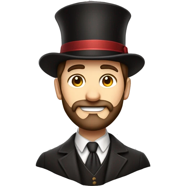 Emoji of a confident man with a neatly groomed beard and styled brown hair, wearing a magician's hat. Simple and expressive design with clean details, capturing charm and elegance. emoji