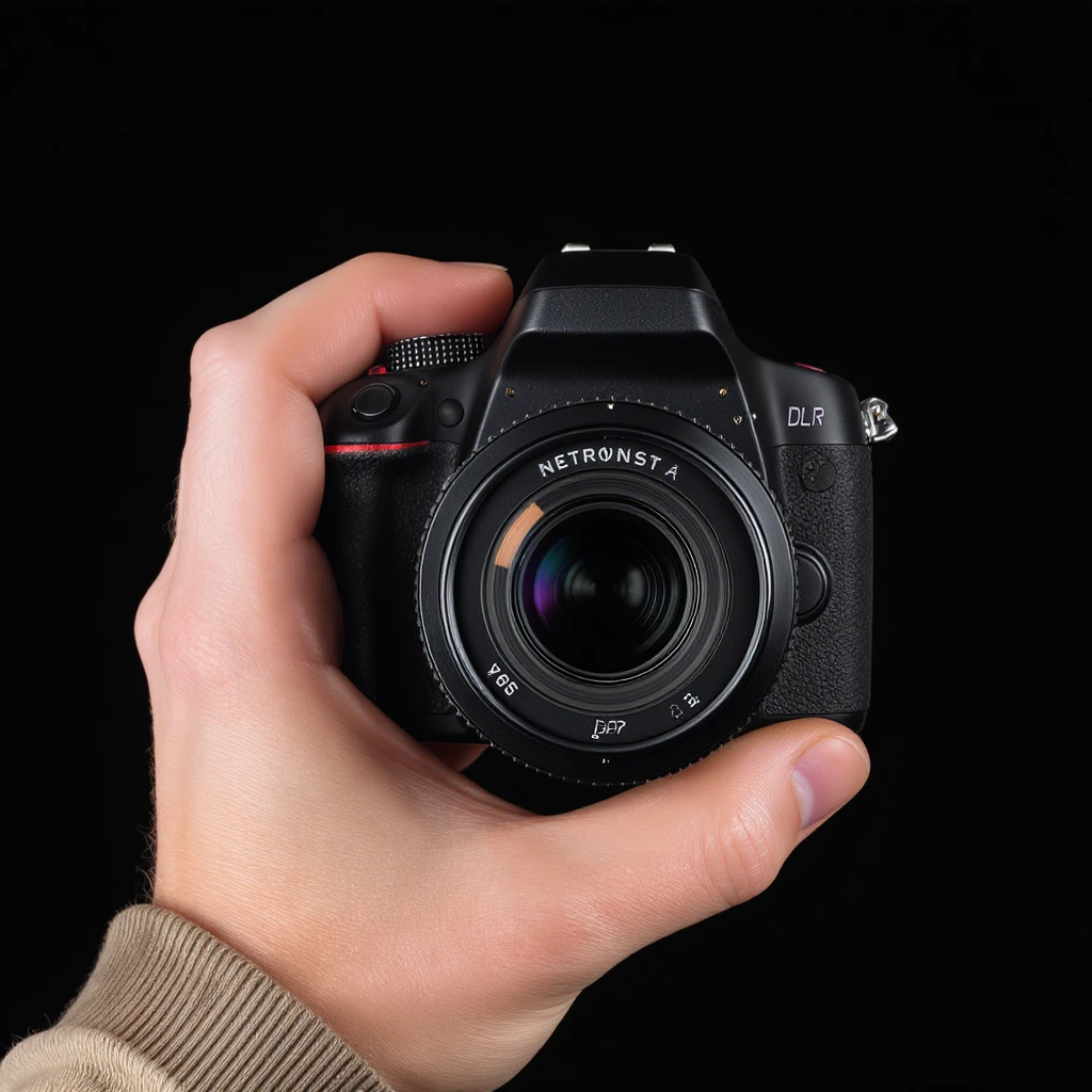 realistic of hand holding dslr camera, studio quality, close up, top view emoji