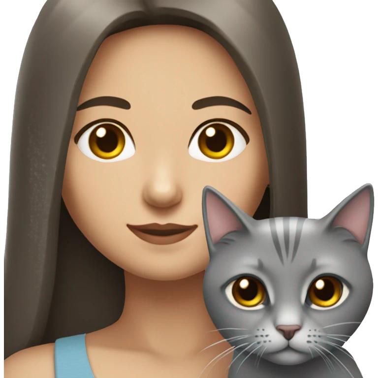 Brunette girl with straight long hair with braun eyes with grey cat emoji