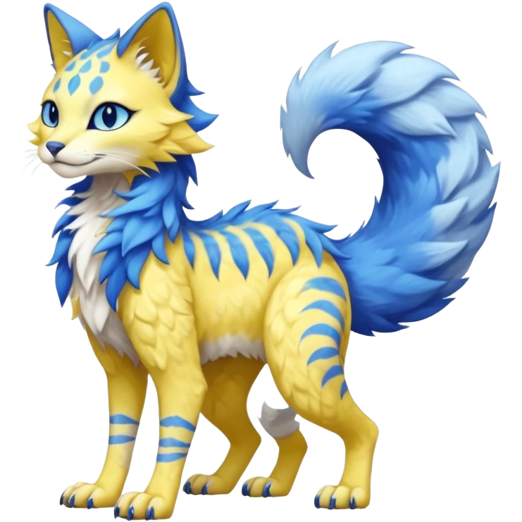 Kawaii yellow and blue beautiful pretty elegant divine edgy fantasy feline-vernid-sergal-fursona animal creature with a tufted tail full body with intricate markings  emoji