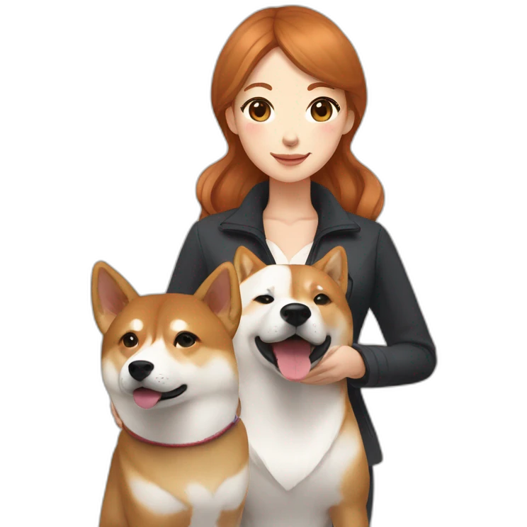 A pretty Shiba and a large white Hokkaido accompanied by their mistress, a woman with curly auburn hair. emoji