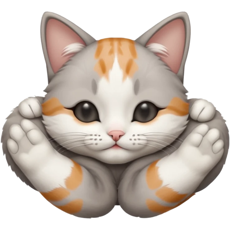 grey and white small cat with eyes closed lying down upside down with its paws/arms tightly covering its own face emoji